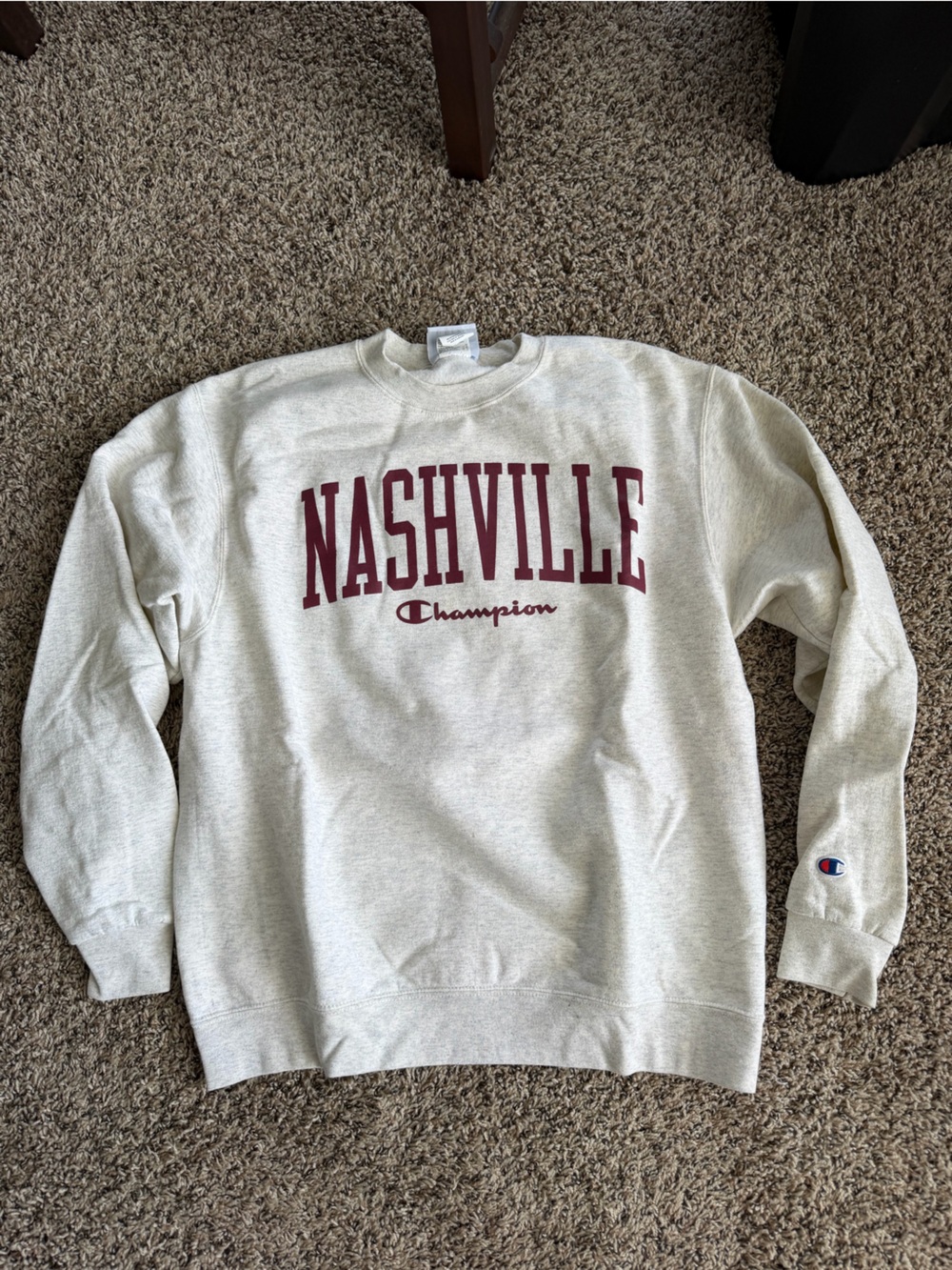 Champion Nashville Crewneck Sweatshirt in Cream with Maroon Logo